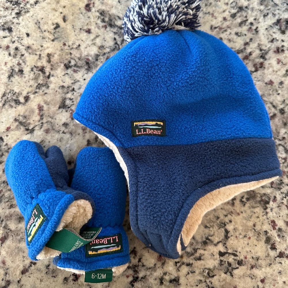 L.L. Bean Blue Fleece Hat and Mittens Set